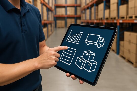 Person Using Tablet in Warehouse for Inventory Management and Logistics Planning