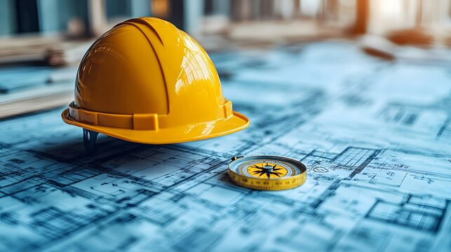 Construction tools on architectural plans with a yellow hard hat and compass at a work site in the afternoon sun