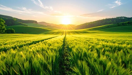 Sunrise shines over a lush green field, bisected by a path leading towards distant hills and a bright, vibrant sky