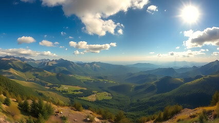 Naklejka premium A vast panoramic view of a beautiful mountain range under a bright blue sky with fluffy white clouds.