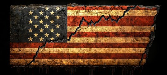 Distressed American Flag Overlaid with Financial Chart Illustrating Economic Challenges and Concerns