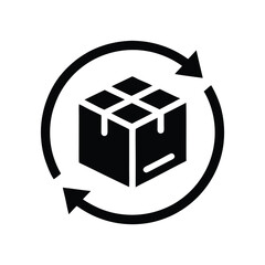 A black box surrounded by circular arrows symbolizes the return or delivery process