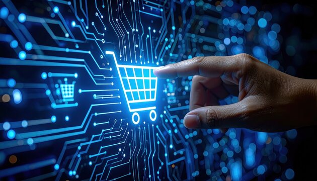 Hand touching a glowing shopping cart icon amidst blue circuit patterns, symbolizing online retail & e-commerce on a digital backdrop - Powered by Adobe