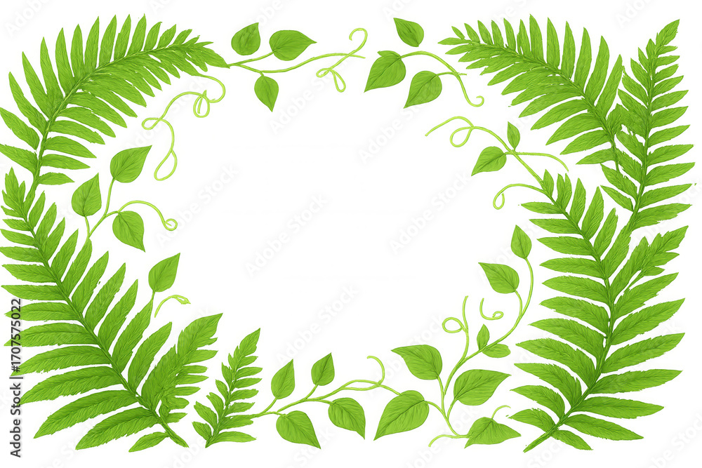 Poster verdant botanical foliage curving and overlapping, creating intricate natural frame pattern with del