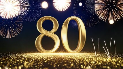 Festive golden 80 number with sparkling fireworks and glitter background