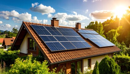 A residential home featuring solar panels on its roof, bathed in sunlight, with lush greenery surrounding it under a partly cloudy, blue sky. Details include chimneys and a red tile roof