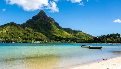 Tropical island bay with mountain backdrop