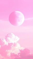 Dreamy ethereal scene with puffy clouds below and a large glowing orb above, all awash in soft pink hues creating a whimsical backdrop