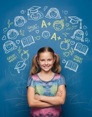 Kid imagining education with doodles on chalkboard background in 
