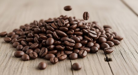 Fototapeta premium Roasted Coffee Beans Pile on Rustic Wooden Table with Falling Bean