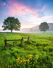 Obraz premium spring landscape with some fog in golden morning light