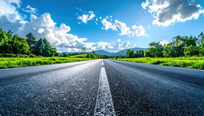 Straight asphalt road under a sunny sky, surrounded by green fields & trees. Distant mountains add to the horizon line
