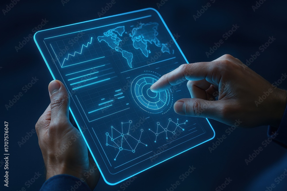 Poster tech touch: a close-up shot of hand interacting with a digital tablet, displaying global data visual