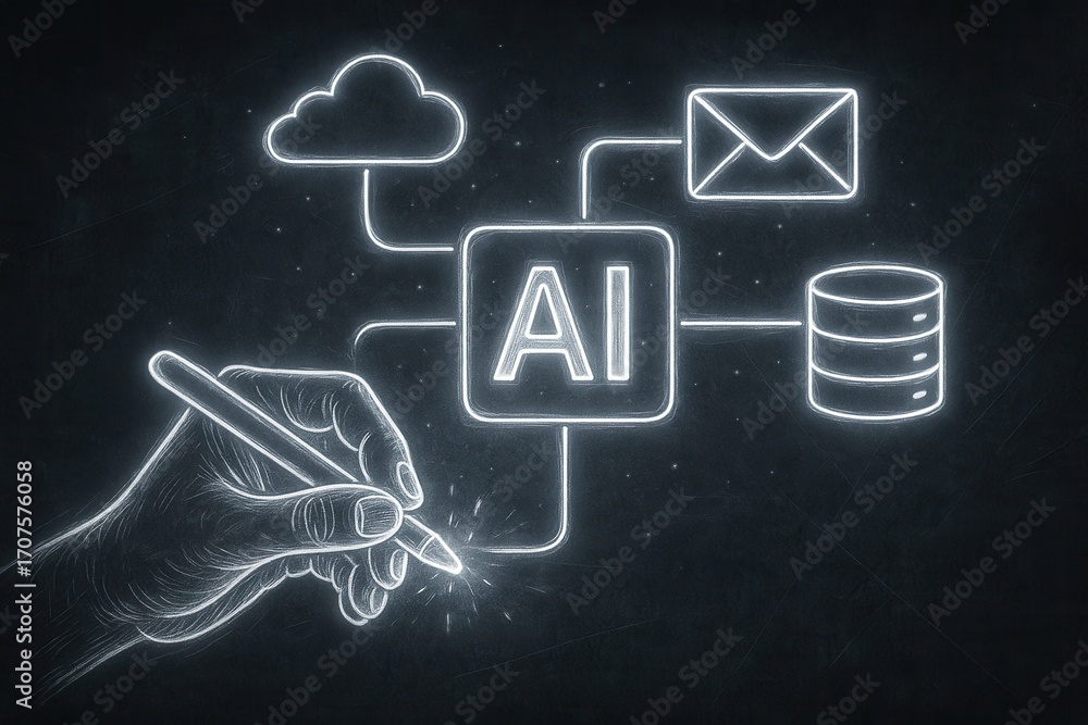 Poster ai and digital transformation: a hand sketches a luminous concept of ai, connecting cloud, email, an