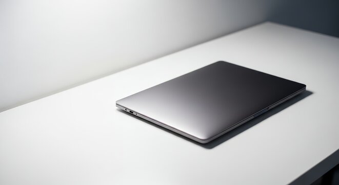 Sleek closed laptop resting on a minimalist white desk in a well-lit workspace setting providing a clean technology aesthetic