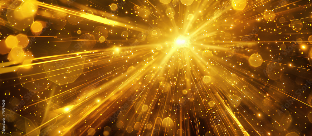 Poster golden burst: a dazzling abstract scene of golden light radiating outwards, creating a dynamic and e