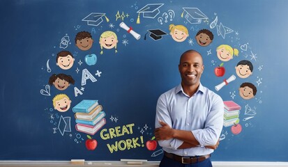 Kid imagining education with doodles on chalkboard background in 