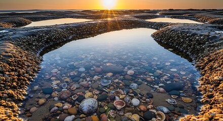 Sunset Reflections in Tidal Pool on Rocky Coastline Featuring Seashells and Barnacles