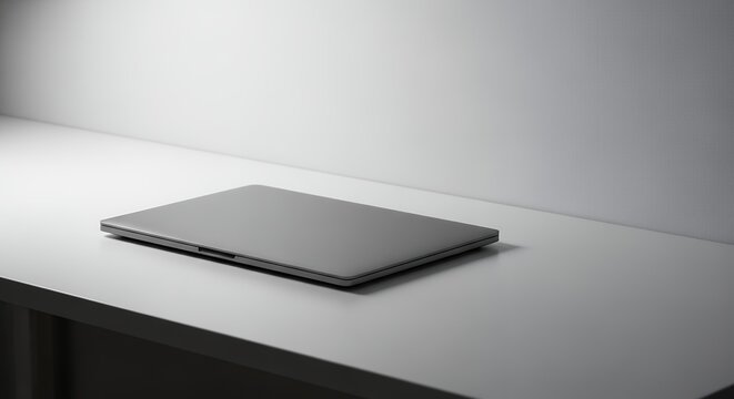 Sleek silver laptop gracefully resting on a pristine white surface, a study in modern minimalism and understated elegance