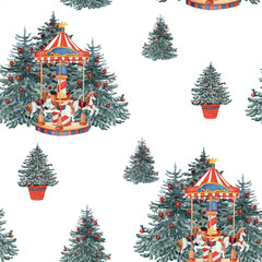 Watercolor seamless pattern featuring a vintage Christmas carousel and decorated trees at a Christmas market. Perfect for holiday wrapping, cards, textiles, and seasonal designs. © Svitlana