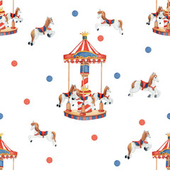 Watercolor seamless pattern featuring a vintage fairground carousel with horses. Perfect for holiday wrapping, cards, textiles, and festive seasonal designs © Svitlana