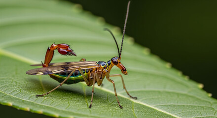 Detailed macro view of a scorpionfly insect resting on a vibrant green leaf surface