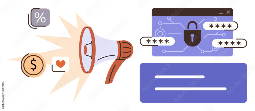 Poster megaphone broadcasting messages with finance, love, and discount icons toward a secure password-prot