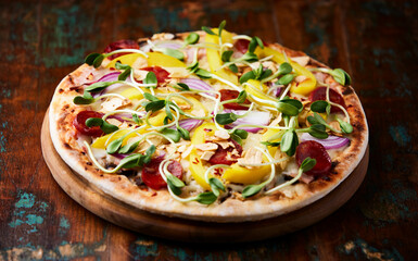 Pizza with chorizo ​​sausage, mozzarella cheese and yellow pepper. Rustic wooden background. Soft focus.	