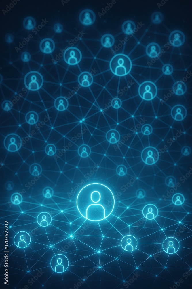 Poster interconnected network: an array of glowing digital silhouettes of people are intertwined by a web o