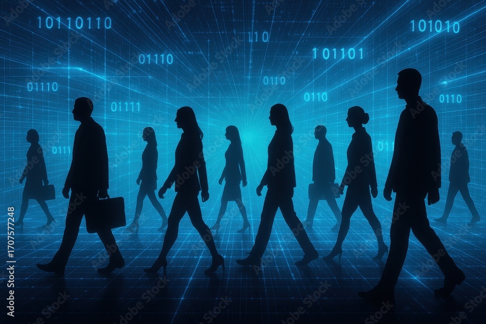 Poster digital pathways: silhouetted figures traverse a futuristic landscape of interconnected data streams
