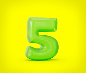 Vibrant green jelly number five, glossy and playful on a bright yellow, 3d illustration