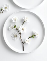 A delicate floral branch with pristine white blossoms arranged artfully on a clean, round plate against a seamless white backdrop