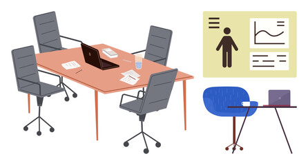 Office meeting setup with chairs, table, laptop, papers, and presentation board displaying data charts. Ideal for teamwork, strategy, analysis, collaboration productivity planning and simple flat