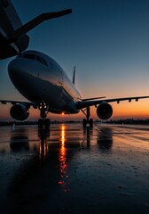 Skyward Voyage at Sunset: Capturing the moment a commercial jet rests on the tarmac, bathed in the warm hues of a captivating sunset.