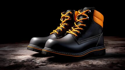 Durable Black Work Boots with Bright Orange Laces for Heavy Duty Use