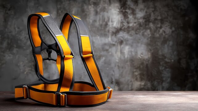 Bright Orange Safety Harness on Rustic Background with Dark Texture