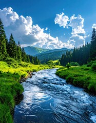 Serene mountain river flows through lush green valley under blue sky dotted with fluffy white clouds and vibrant sunbeams