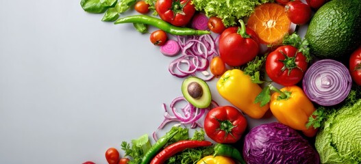 Fresh, colorful vegetable medley arranged on a gray surface, including bell peppers, lettuce, avocado, and other produce