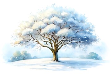 Fototapeta premium Watercolor painting of a snowcovered tree, isolated on white background, with a serene winter landscape