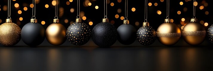 Beautiful collection of black, gold, and silver ornaments hanging near festive lights for holiday decorations