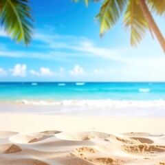 Idyllic beach scene featuring soft white sand in focus, leading to a turquoise sea and sunny sky framed by palm trees