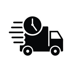 A black delivery truck showing speed lines and a clock implies promptness