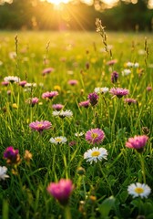Blooming Meadow at Golden Hour: A field of vibrant wildflowers in full bloom, bathed in the soft, warm light of the setting sun, creates a scene of natural beauty and tranquility.