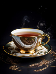 Fototapeta premium A luxurious teacup with cream splashing into black tea, captured mid-air to highlight elegance and fluid motion in beverage preparation. 