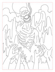 Hanging Skeleton in a Spooky Room Coloring Page: Eerie and Macabre Art