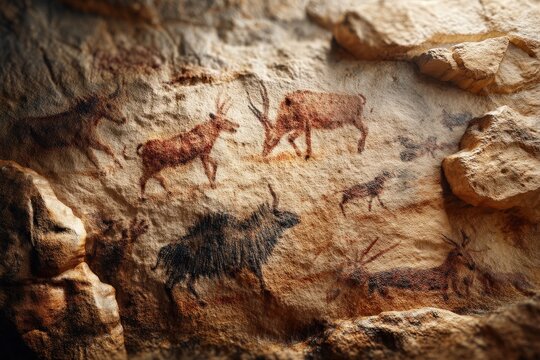 Ancient cave art depicting various animals in a natural rock formation