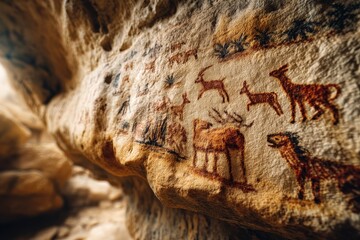 Obraz premium Ancient rock art depicting animals and humans in historic cave location