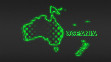 Neon Green Oceania Map Outline Futuristic Digital Glow Halftone Illustration