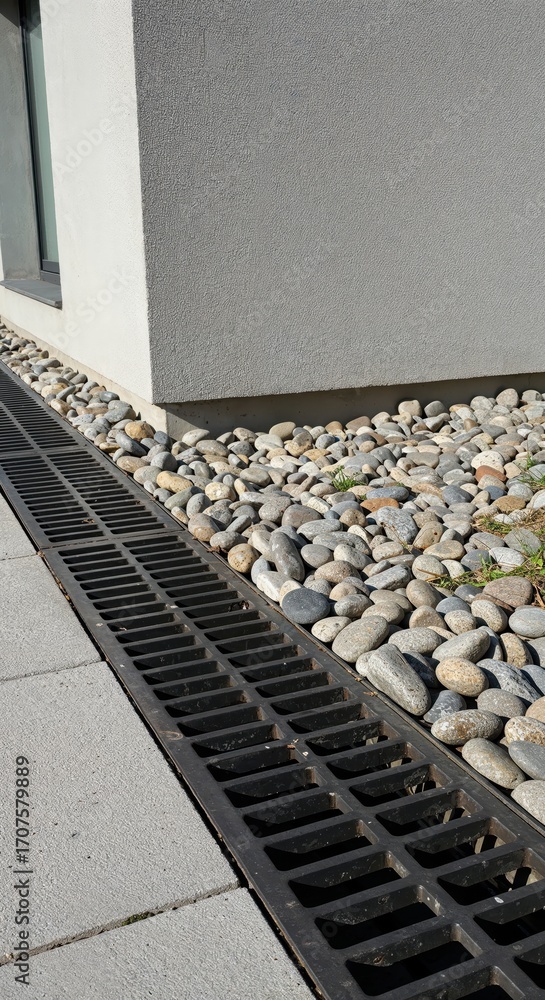 Poster architectural drainage: a meticulous shot highlighting an angular outdoor drainage system adjacent t