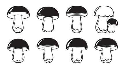Collection of eight stylized mushroom silhouettes in a simple line art style
